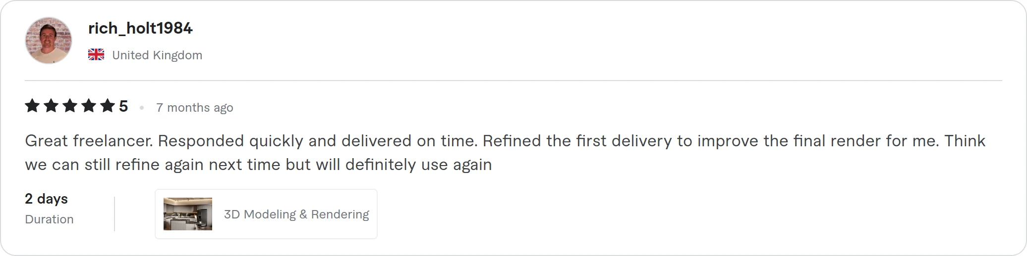 Verified 5-star client review of Saud Visuals on Fiverr